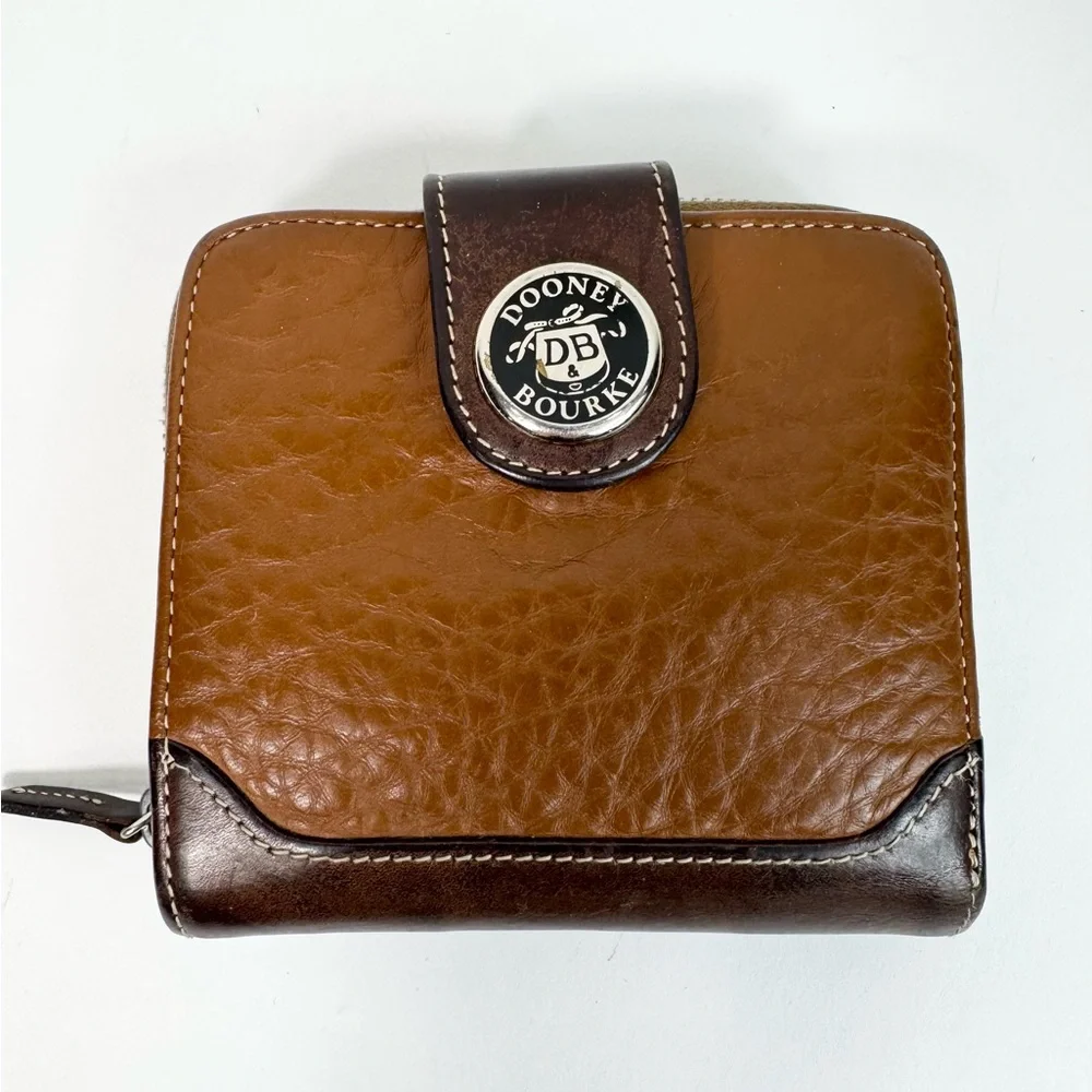Vintage Dooney & Bourke Brown Pebbled/Smooth Leather Bifold Zip Wallet - Picture 1 of 7